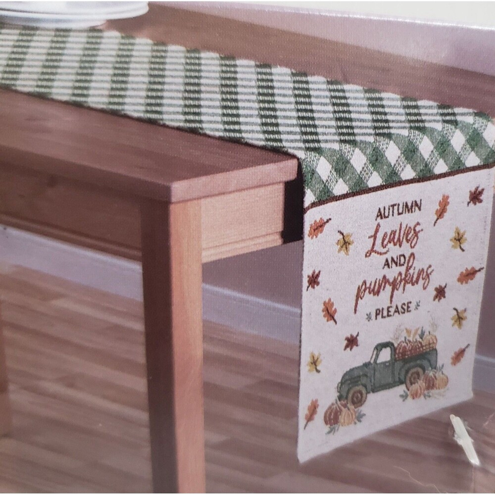 Long Tapestry Table Runner (13"x68") HARVEST,GREEN TRUCK W/PUMPKINS & LEAVES,DG